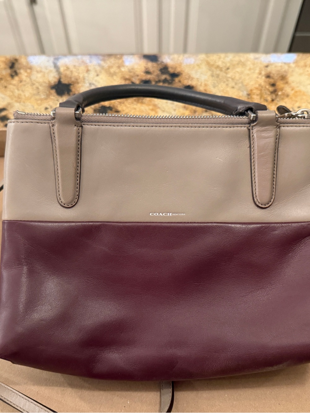 Coach Two-Tone Leather Satchel in Taupe and Burgundy with Dark Handle